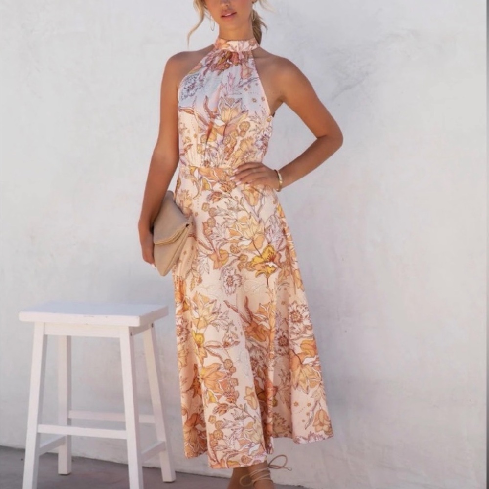 VICI- Cream, Pink and Orange High Neck Floral Midi Dress